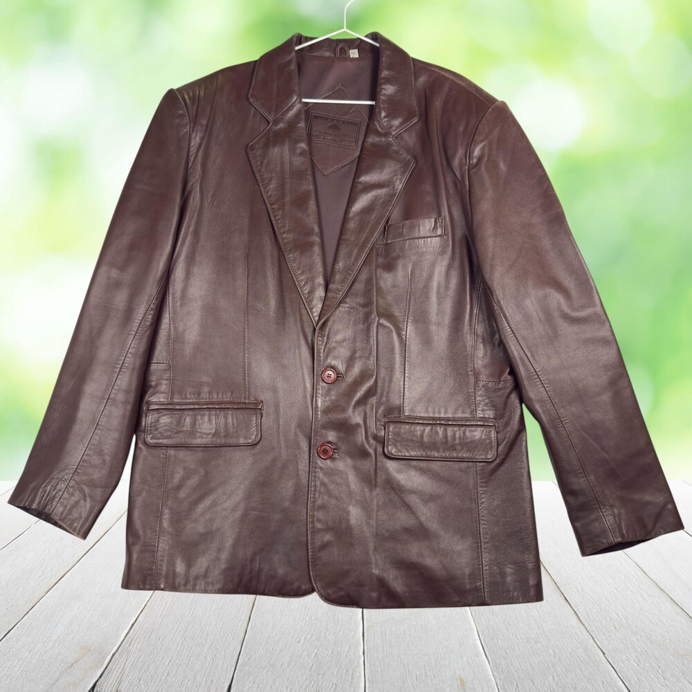 ROUNDTREE & YORKE Lambskin Leather Blazer Jacket Brown Supple Vintage 90s Mens L